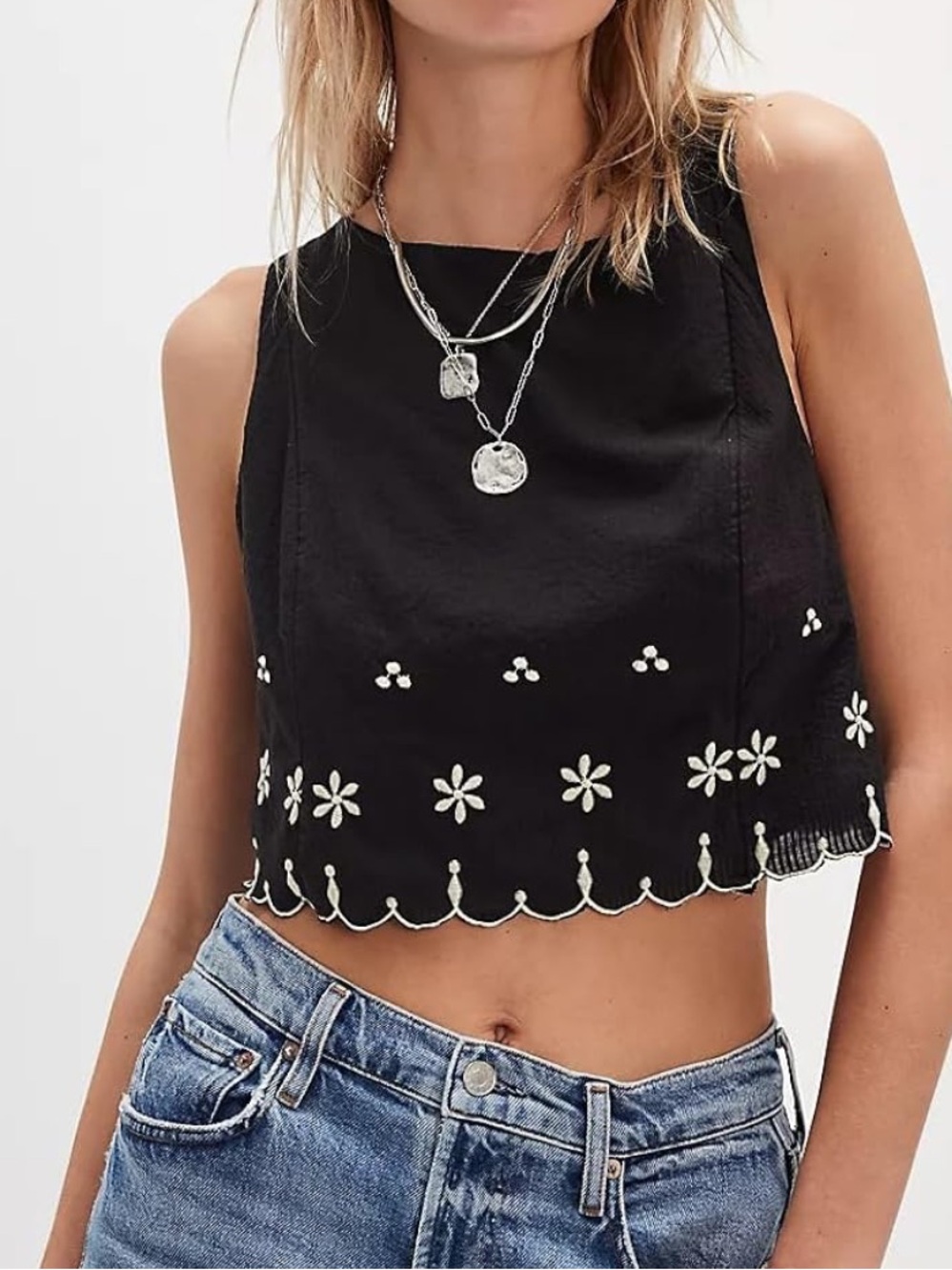 NWOT Free People Black Crop Tank with White Floral Embroidery